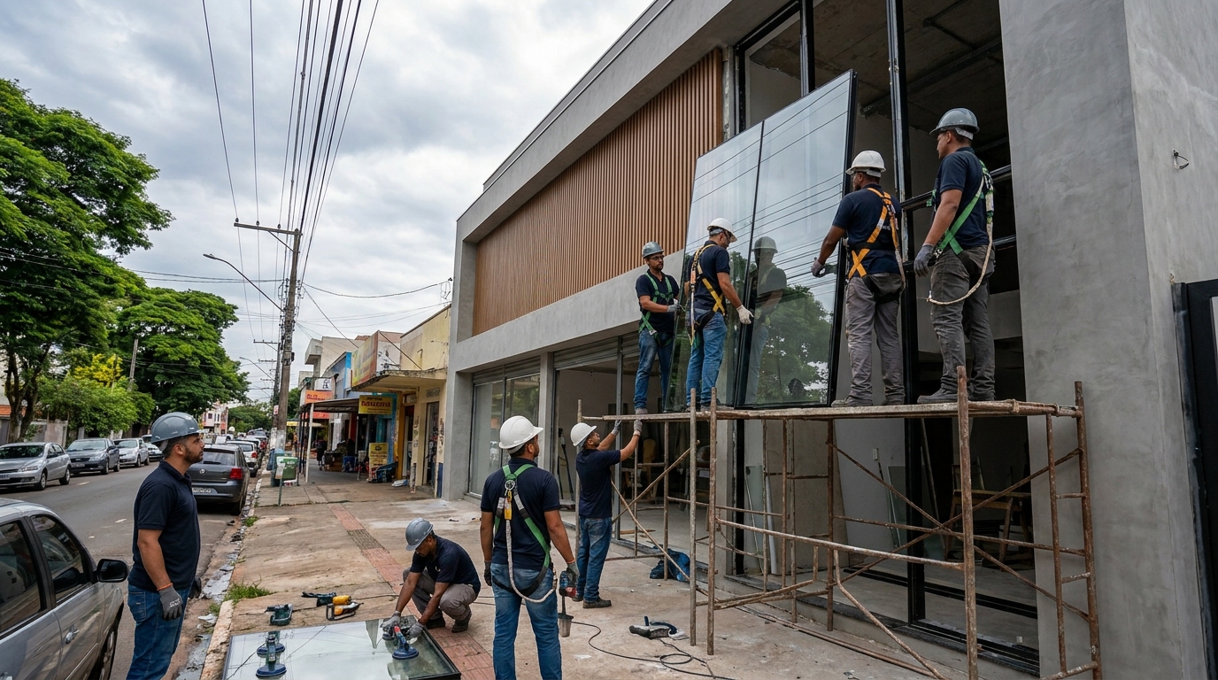 Profissionais instalando fachada de vidro em Maceió-AL
